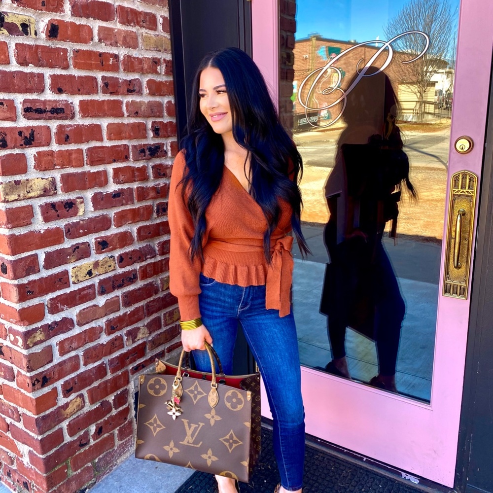 Brown Cut-Out Tie Ruffle Sweater